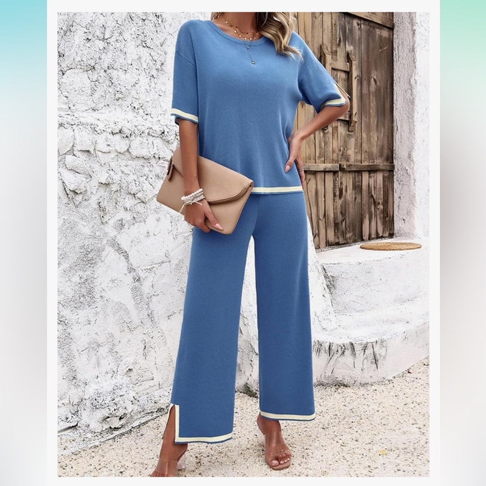 Blue and cream Amazon sweater set